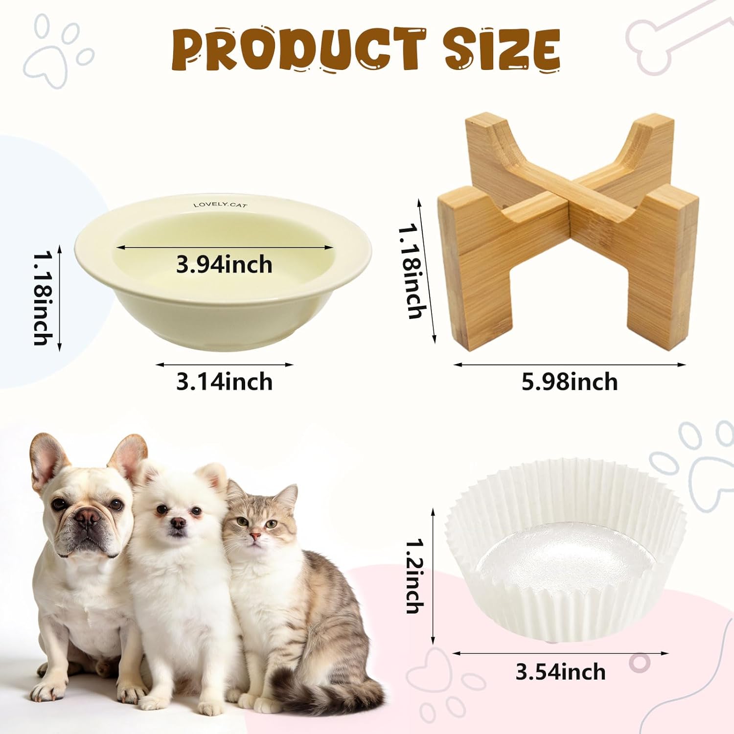 Elevated Dog Bowls Stand for Small & Medium Dogs, Ceramic Dog Bowl with 3.2 inch Bamboo Stand - Anti Vomiting, with 200 Pcs Disposable Feeding Bowls Liner Bulk