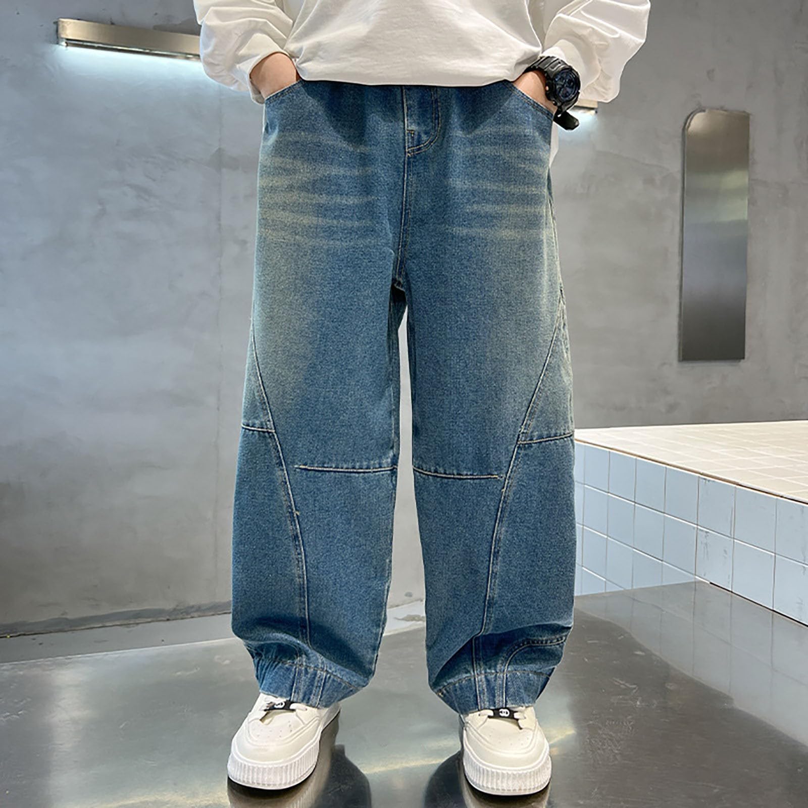 Vaqueros Niño 4-12 Años Ancho Pantalon Vaquero Adolescentes Chico Cintura Elastica Rectos Vintage Hippies Streetwear Jeans Pantalones Vaqueros de Trabajo Denim Holgados Invierno 2026