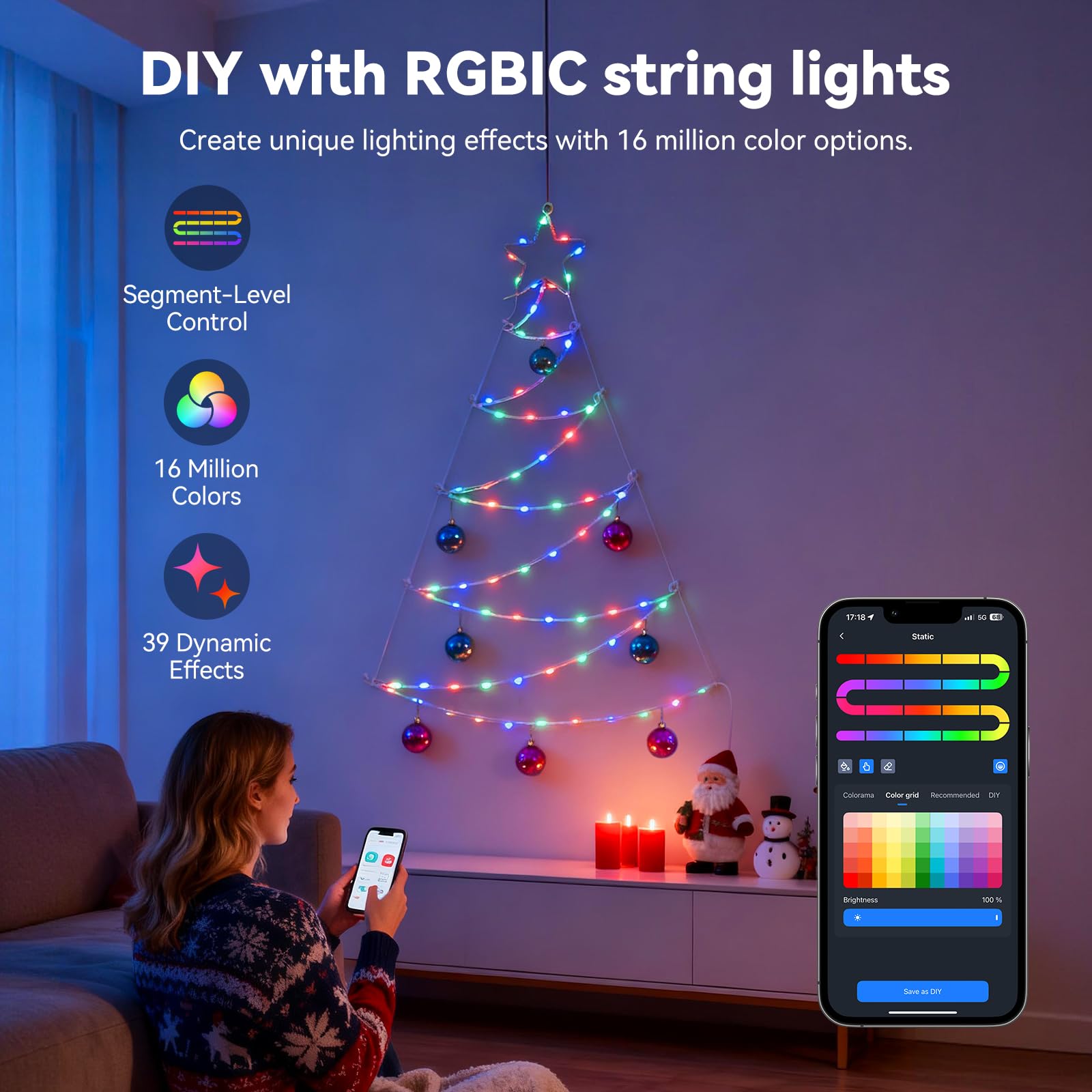 Aigostar Luces para Árbol Navidad con Anillo RGBIC Smart, 1.4M 140 LEDs, Control por APP y Mando, 39 Efectos Dinámicos, 150+ Escenas, Music Sync, para árbol de Navida Interior Exterior Decoracion