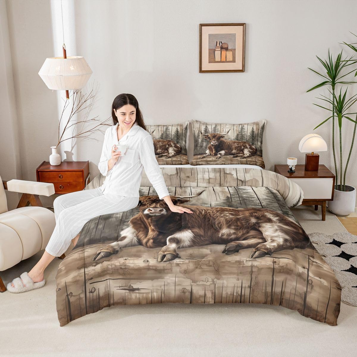 Erosebridal Rustic Highland Cow Bedding Set Queen Farm Animal Comforter Set for Kids Boys Men Western Country Forest Down Comforter Farmhouse Wildlife Bed Set Bedroom Decor