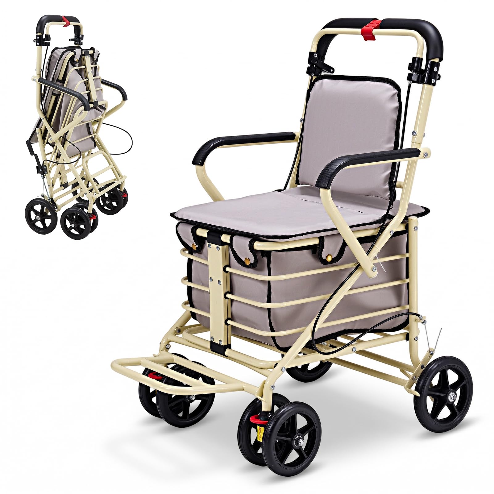 The Fellie Walk and Rest Shopping Trolley with Seat for Elderly, 27L Sit & Go Shopping Trolley on Wheels Foldable with Backrest, Breakes & Removable Bag, Grey