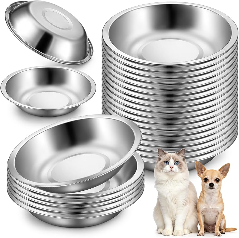Potes Rasos de Aço Inoxidável para Gatos Exclaith, Compatíveis com Suporte Elevado, Próprios para Lava-louças, 24 Unidades