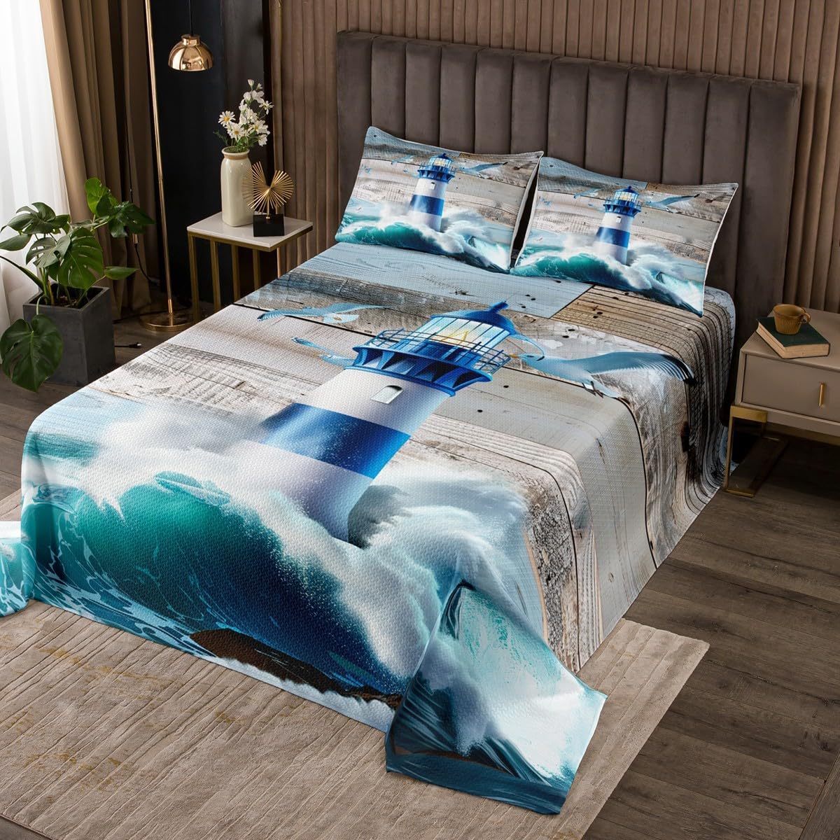 Erosebridal Lighthouse Bedspread Queen Size,Sea Ocean Waves Quilt Bedding Set Nautical Bedroom Decor,Teal Marine Quilts Sets for Girls Boys,Retro Vintage Style Coastal Beach Coverlet Set 3Pcs
