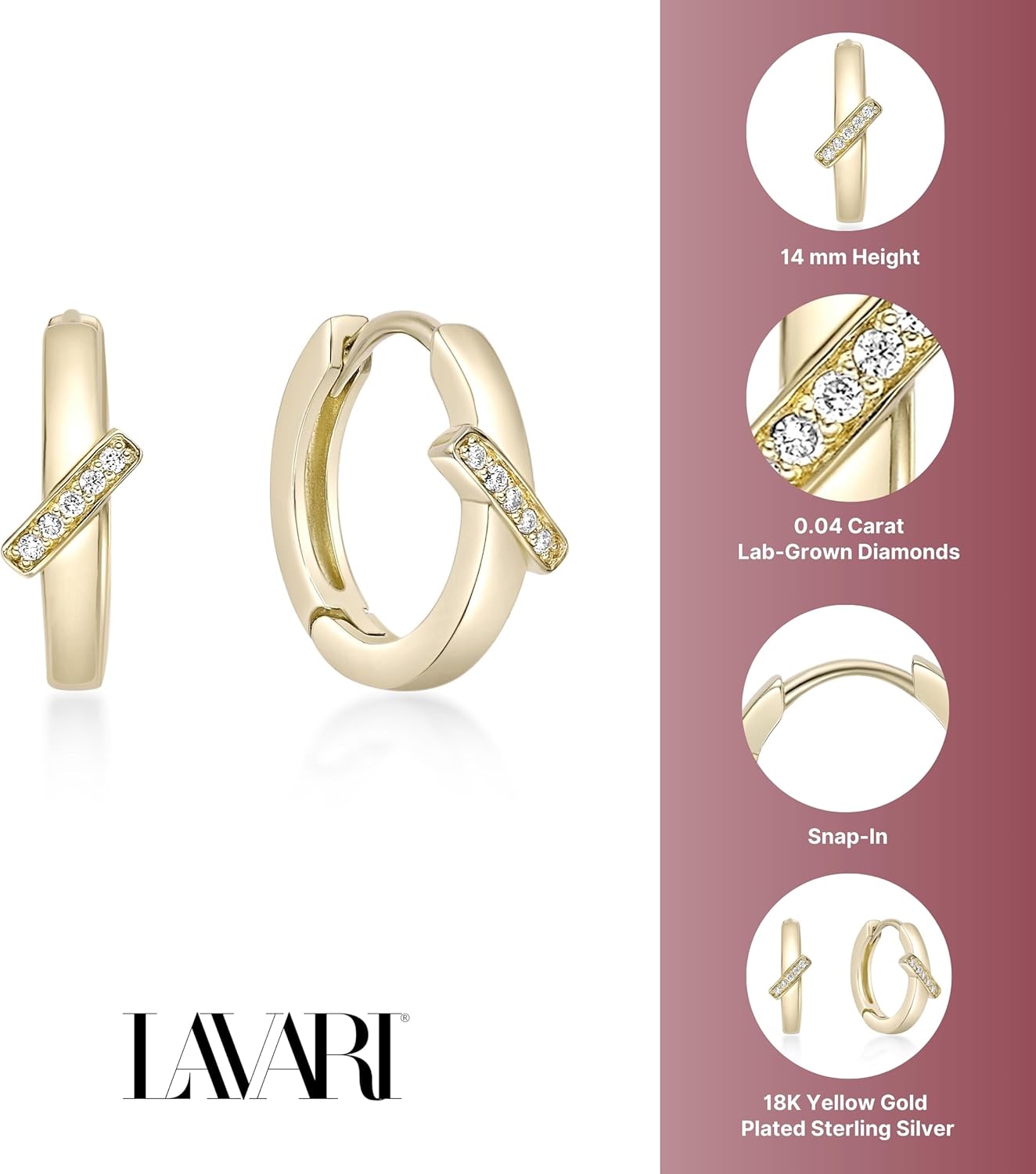 Lavari Jewelers Lab Grown Diamond Bar Hoop Earrings for Women - 18k Yellow Gold Plated 925 Sterling Silver Earrings for Her (F-G, VS1-VS2, 0.04 cttw) Hypoallergenic Snap-In Hinged Hoops - Image 6