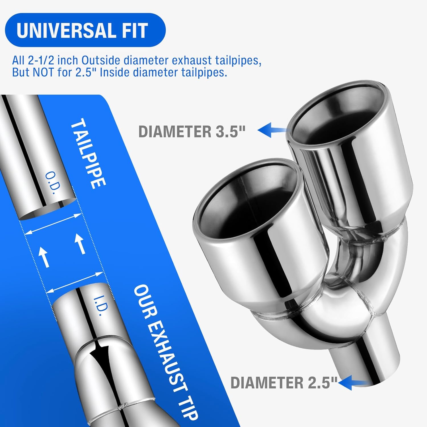2PCS Dual Exhaust Tip,2.5" Inlet 3.5" Outlet 9.5" Length Punta De Escape Para Carro Polished Stainless Double Wall Slant Cut Exhaust Tailpipe Tip Compatible with Ford Mustang GT Dodge Challenger