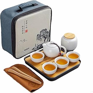 Webao Juego de tetera de cerámica Kungfu chino con 4 tazas y bandeja de té, regalo todo en uno, juego de viaje para té suelto, color blanco