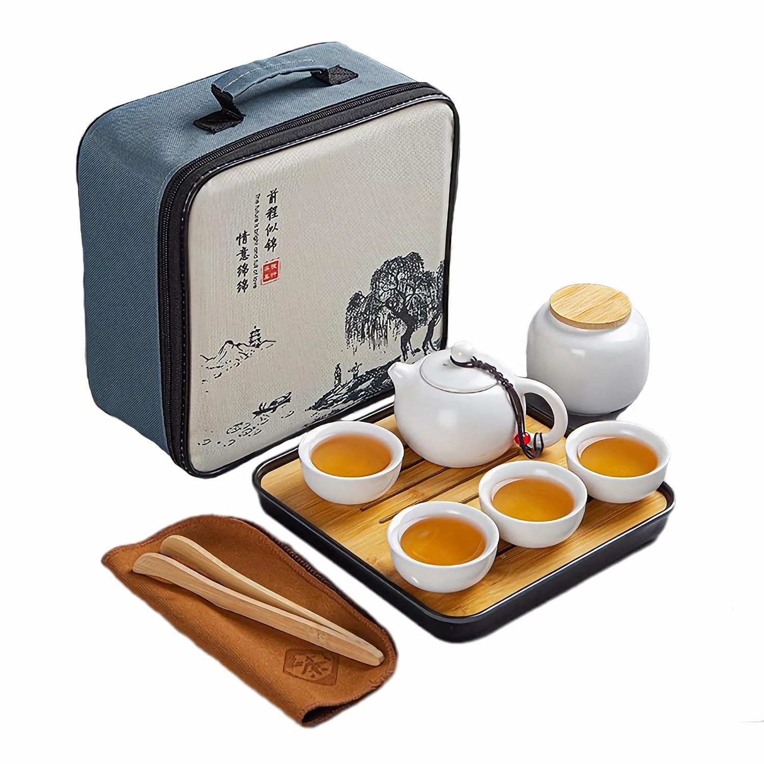 Ensemble de Théière Chinois Kungfu en Céramique - Service à Thé avec 4 Tasses et Plateau - Cadeau Tout-en-Un pour Thé en Vrac - Blanc