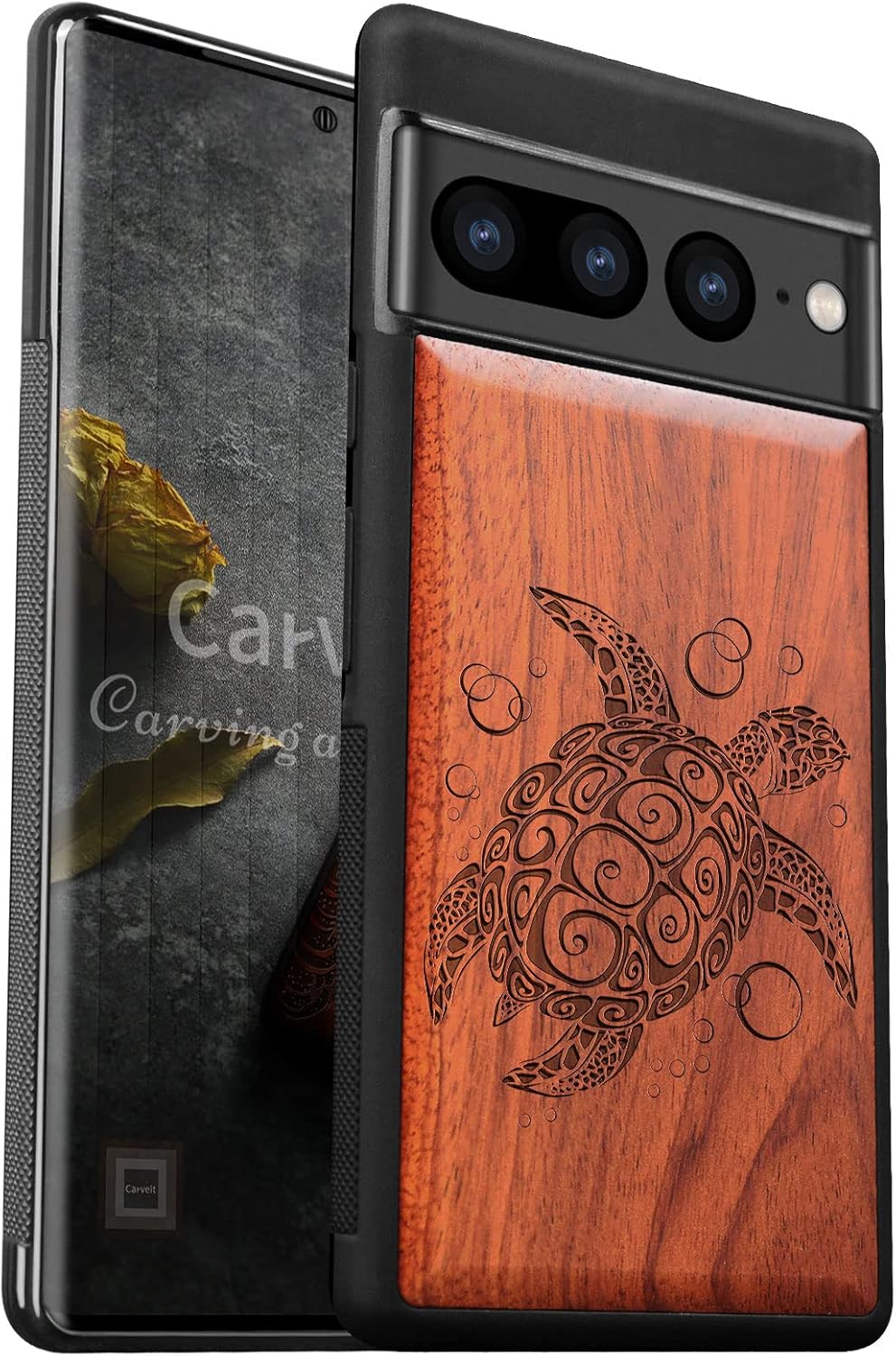 Carveit Wood Case for Pixel 7 Pro Case [Natural Wood & Black Soft TPU] Shockproof Protective Unique & Classy Wooden Cover Compatible with Google Pixel 7 Pro (Sea Turtle-Rosy)