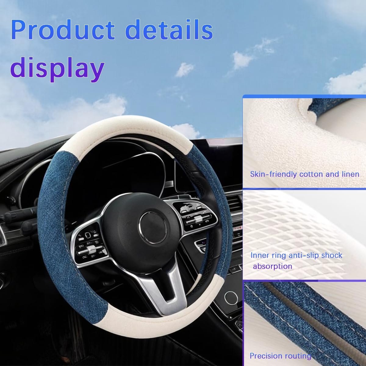Zpana Car Steering Wheel Cover, 15" Linen Breathable Soft Anti-Slip Full Surround Vehicle Steering Wheel Protector, Automobile Interior Protection, Universal for Sedan Truck SUV (Blue/White)