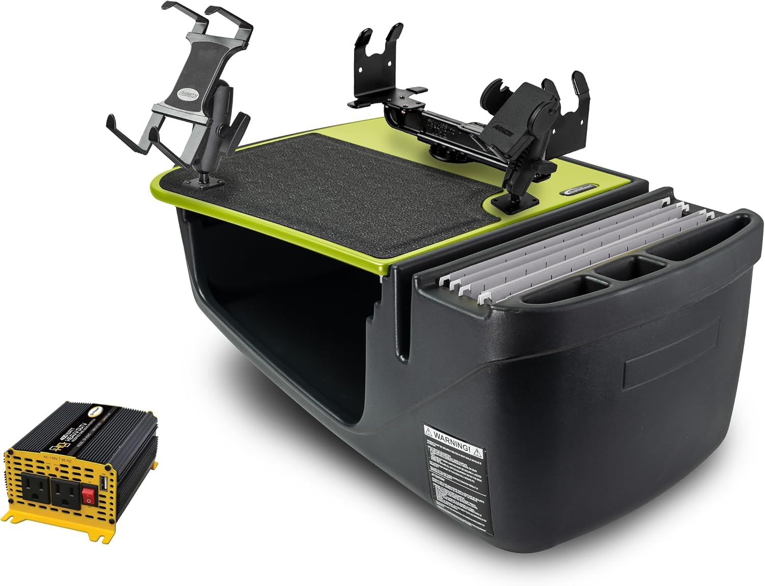 AutoExec Efficiency GripMaster Car Desk for Your Vehicle Workstation and Mobile Office, Lime Light, with 400 watt Power Inverter, Printer Stand, Phone Mount and Tablet Mount