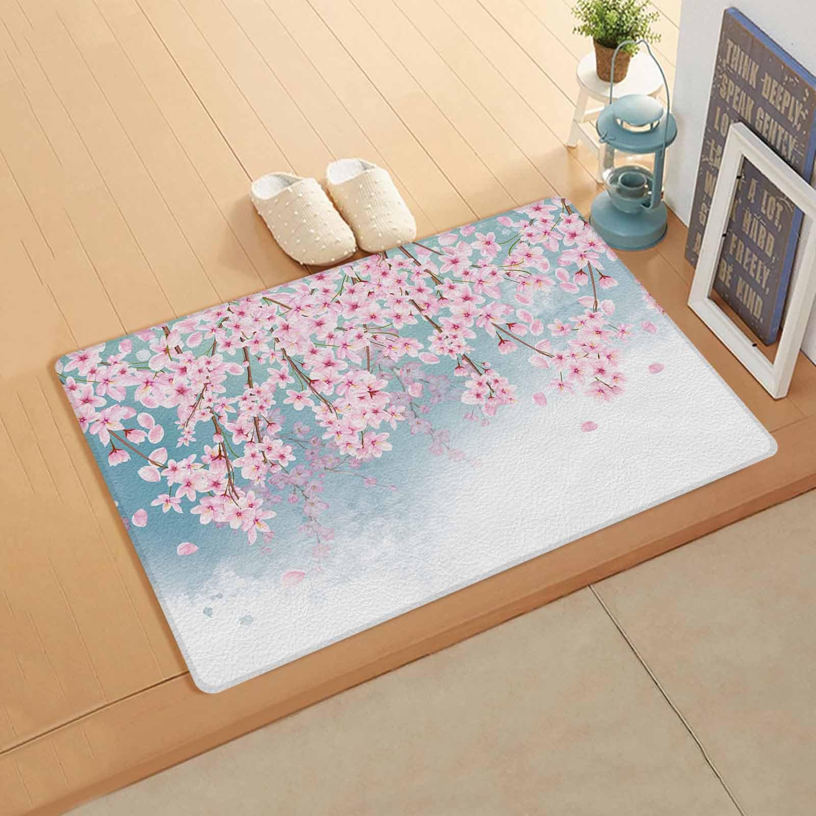 Peach Blossom Antifatigue Kitchen Bath Door Mat Cushioned Runner Rug,Washable Welcome Floor Sink Mat,Waterproof & Non-Slip Standing Doormat for Kitchen,Gradient Watercolor Spring Pink Flower 20