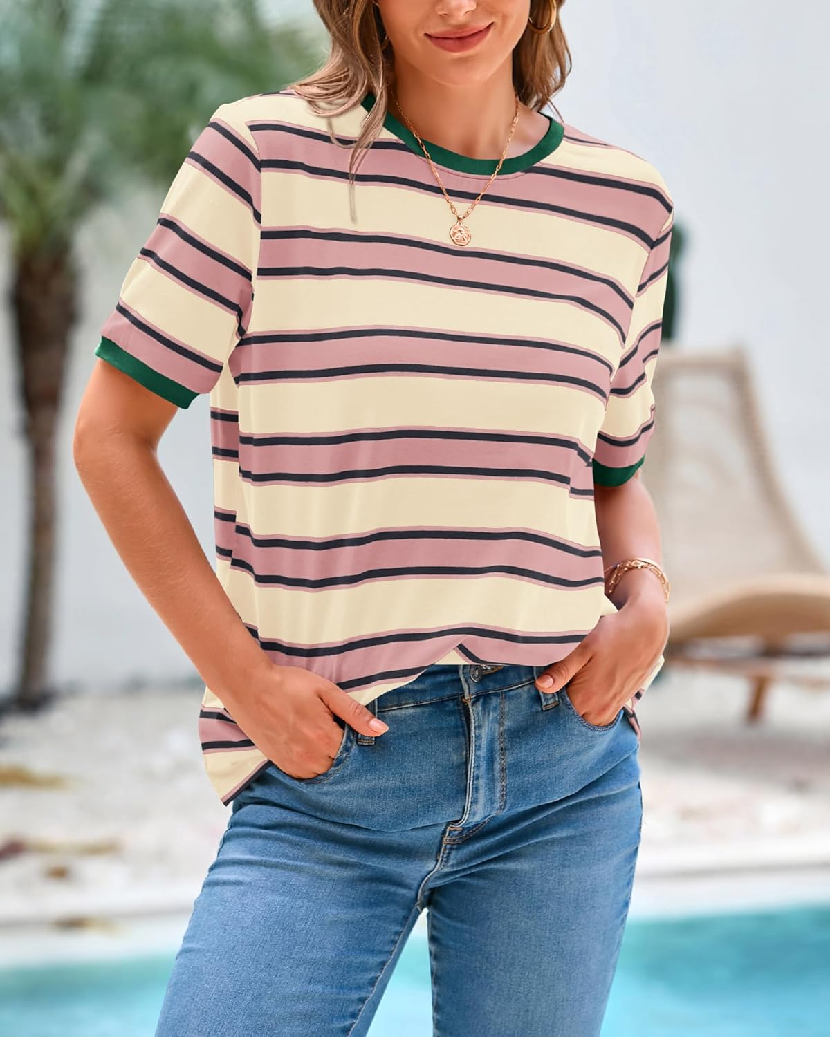 BTFBM Summer Tops for Women 2026 Crewneck Short Sleeve Striped T Shirts Casual Spring Clothes Color Block Basic Tee Blouses - Image 7