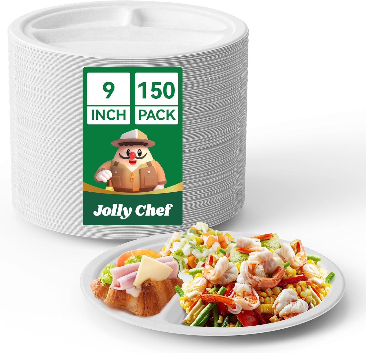 JOLLY CHEF Compostable 𝟯 Compartment Paper Plates 𝟵 𝗜𝗻𝗰𝗵 [𝟭𝟱𝟬 𝗣𝗮𝗰𝗸] Heavy Duty Divided Disposable Eco-Friendly Bagasse Biodegradable White Round Trays for Party Dinner Lunch Christmas
