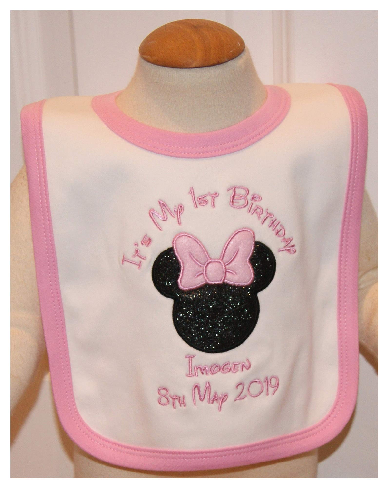 Sew Sew Special Women's White/Pink Personalised Baby Girls Minnie Mouse 1St Birthday Bib ()
