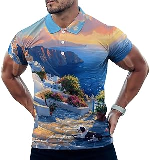 Santorini Greece Polo Shirt for Men Collared Short Sleeve T Shirt Golf Shirt Slim Fit Tee Top
