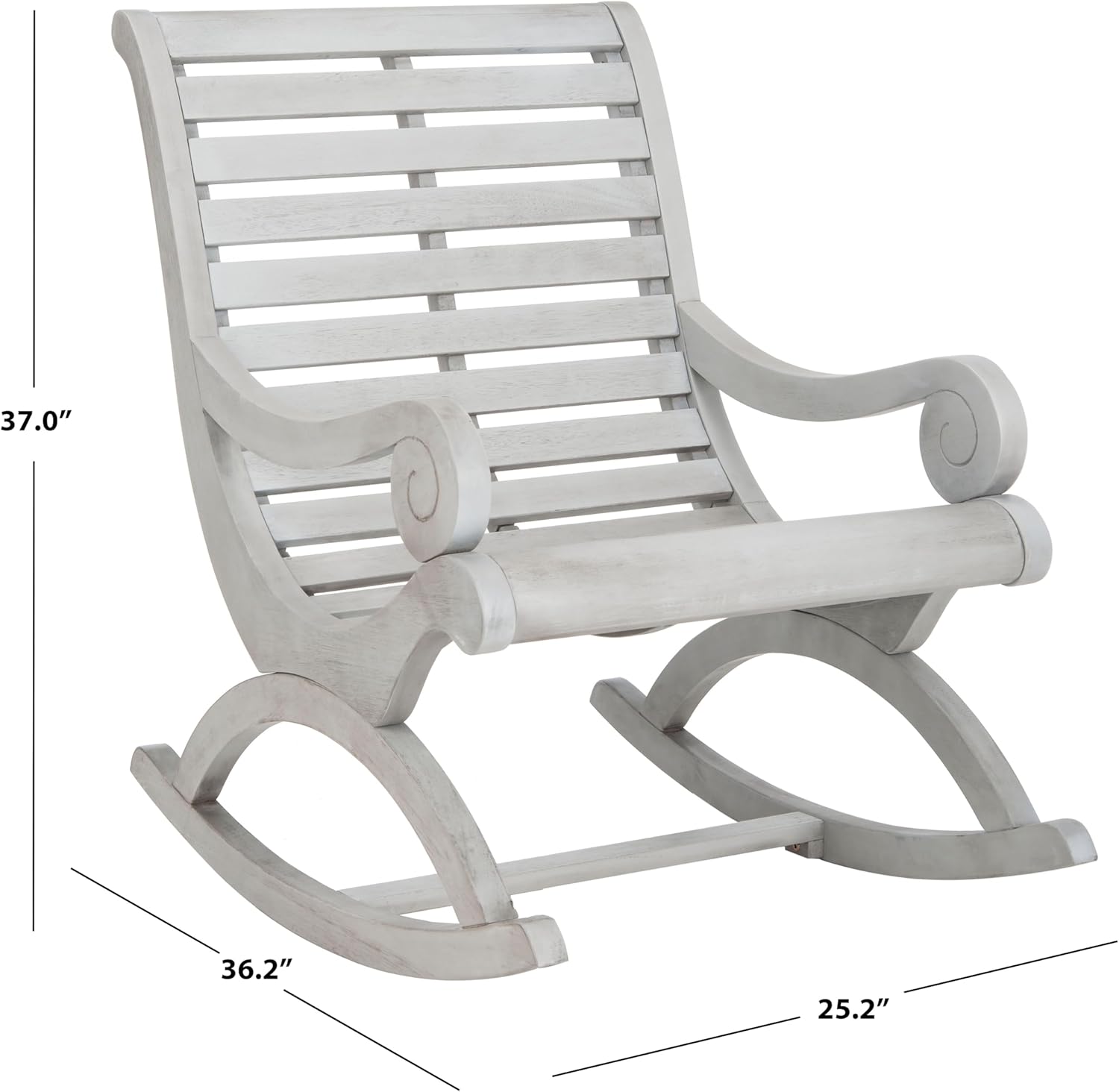 SAFAVIEH Outdoor - Sonora Grey Eucalyptus Wood Rocking Chair, Scroll Arm Patio Rocker, 17.7" Seat Height, Outdoor Furniture for Porch, Deck, Backyard (PAT7016A)