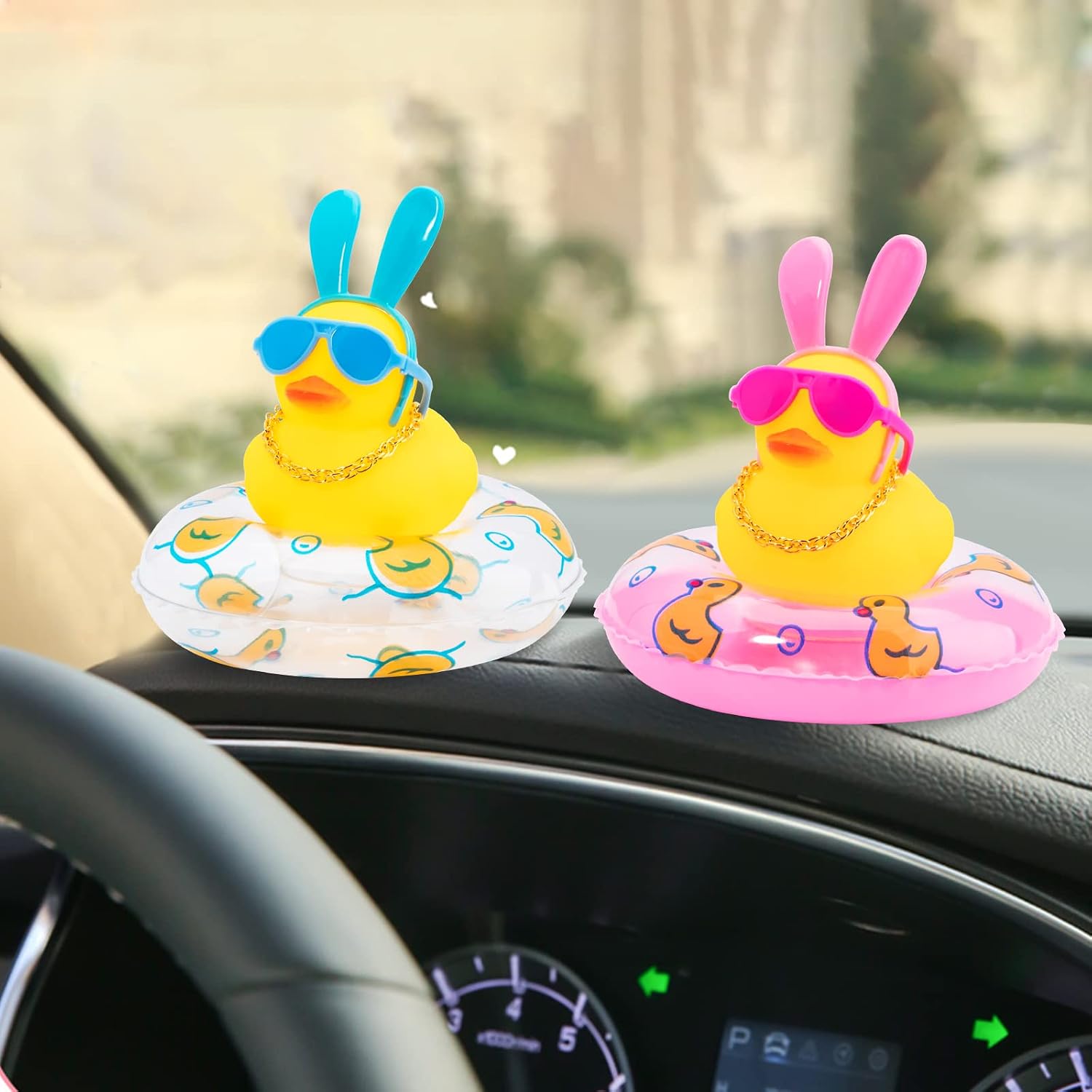 wonuu Car Duck Rubber Duck Car Ornaments Duck Car Dashboard Decorations with Cute Headband Swim Ring Necklace Sunglasses, B-Blue Long Rabbit Ear Headband