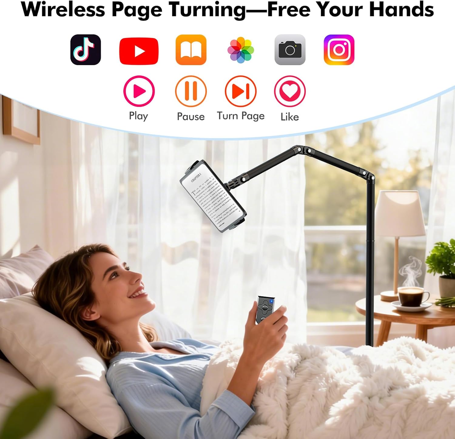 EASPEAR iPad Floor Stand, 65.75-in Adjustable Height iPad Stand for Bed, 360° Rotating Tablet Floor Stand with Wireless Remote, for Gifts, Compatible with All iPads, Kindles, and Phones