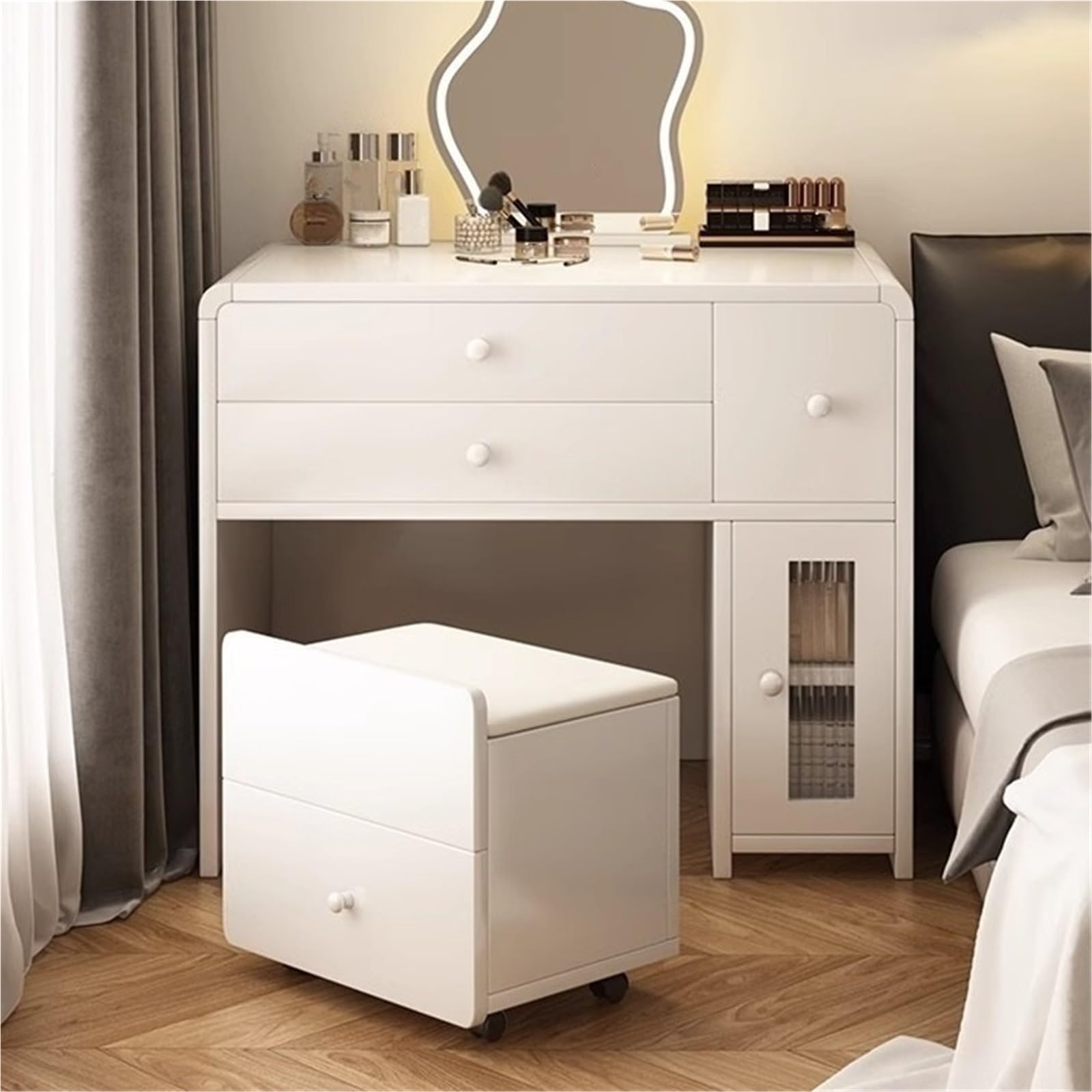 asdchZen Compact Wood Makeup Vanity Table With Storage Drawers & Chairs-Modern Multifunctional Dressing Desk For Bedroom & Makeup Room-Stylish & Durable