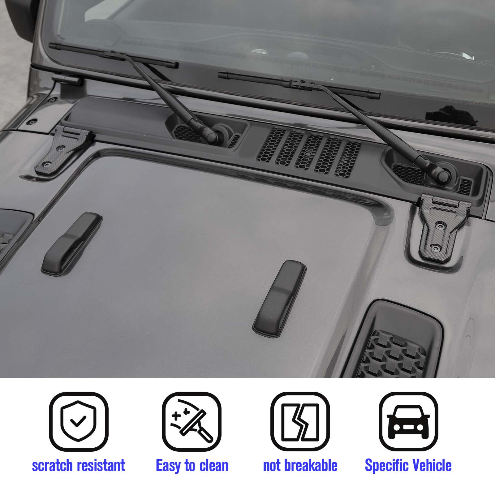 Lot de 2 protections de charnière de capot compatibles avec Jeep Wrangler JL JLU et Gladiator JT 2018-2023, accessoires extérieurs en fibre de carbone pour charnières de capot avant, plastique