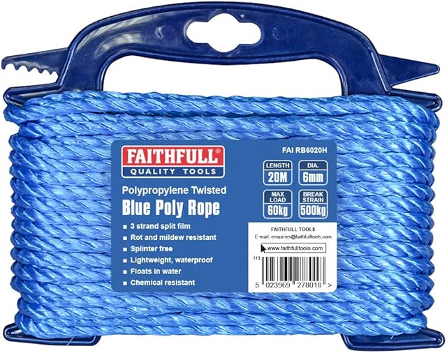 Faithfull FAIRB6020H Blue Twisted Poly Rope Hasp 6mm Dia x 20M Max Load: 60kg, Breaking Strain 500kg