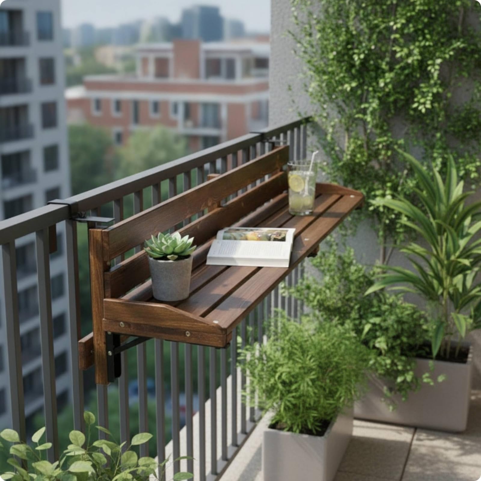 Tavolo Sospeso da Ringhiera Compatto Mensola da Balcone con Staffe Resistente per Terrazzo, 60cm, Carbonizzato