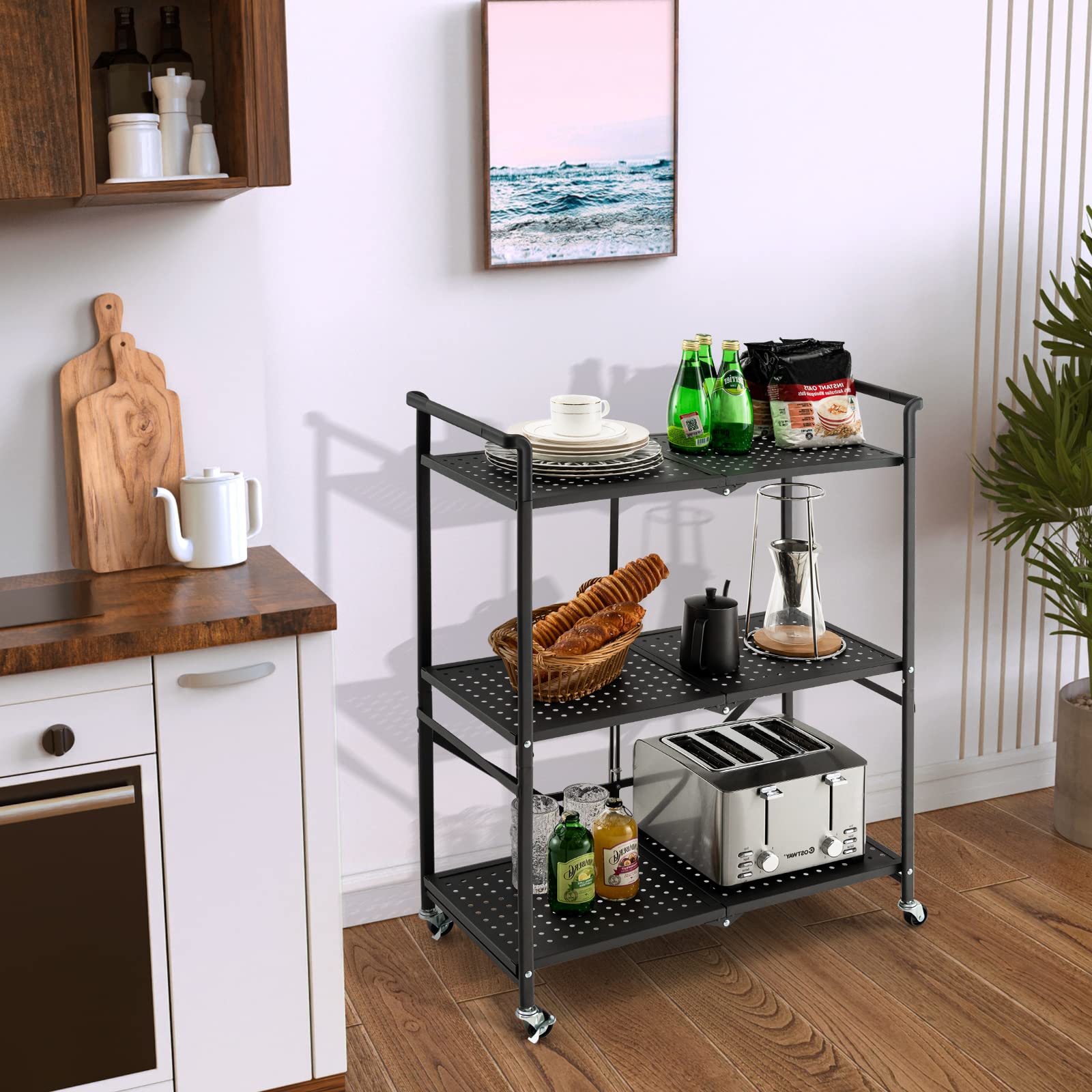 HOMASIS Carro plegable de cocina con 3 niveles, carrito de cocina con 4 ruedas, incluye 2 frenos, carrito de almacenamiento para ahorrar espacio, estantería de metal, estante de cocina, carrito