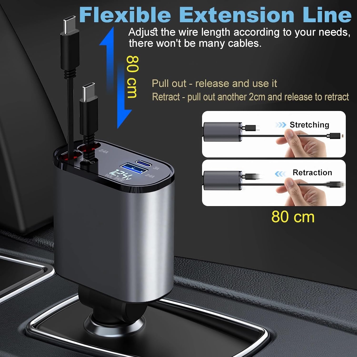 Retractable 4 in 1 Fast Charging 100W Phone Charger, Retractable Cables (80cm) with Dual Type-C Charging Ports, USB C Ports Car Adapter Compatible with iPhone Series, Tablets, Laptop