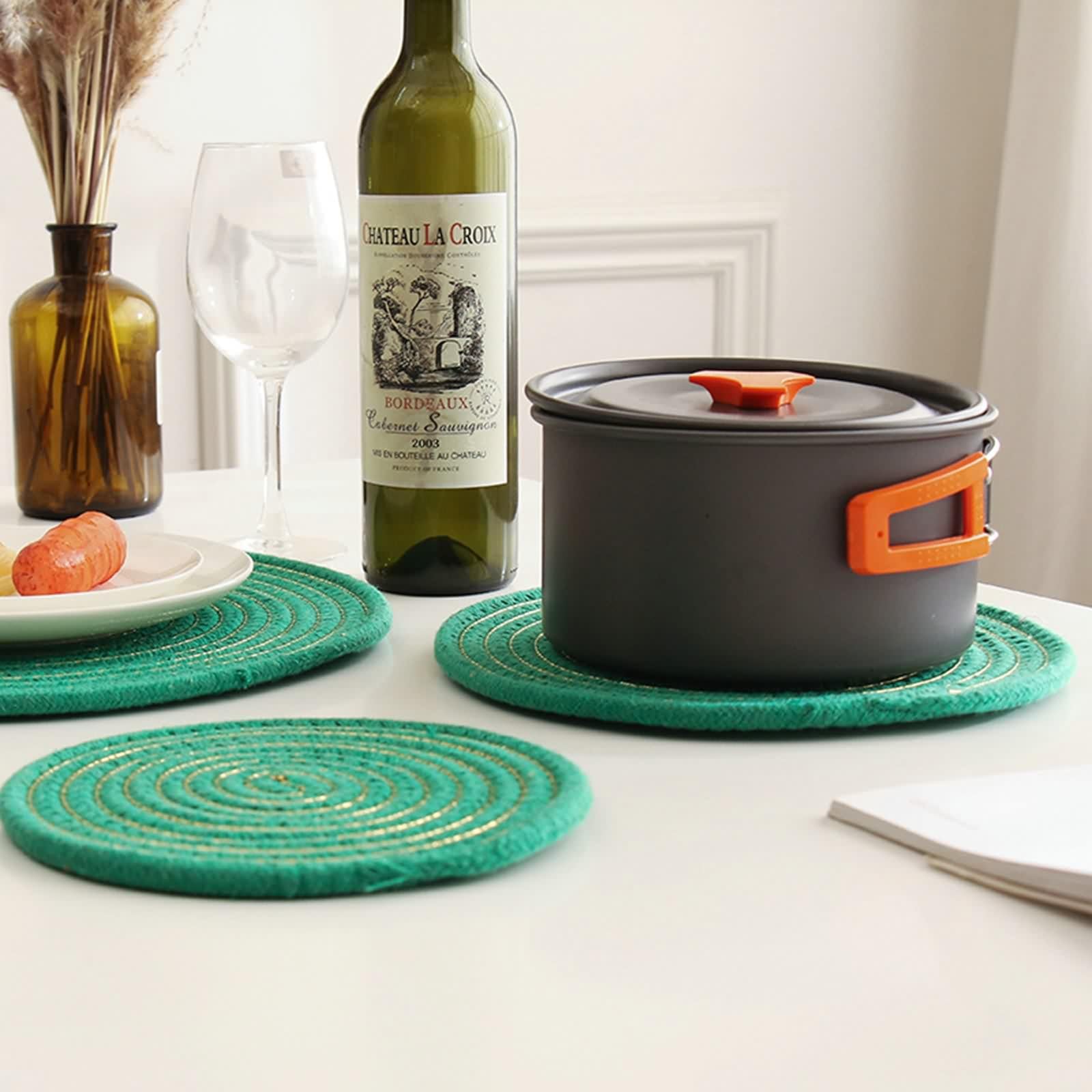 Tovagliette Tavola Pranzo, Tovagliette Rotonde Tavolo Verde-Oro Set di 6 Cotone Lino Sottopiatti 38cm