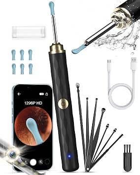 Kekoy Ear Wax Removal Camera, Ear Cleaner 1296P HD Camera, Ear Cleaning Kit with 8pcs Ear Set, Wireless WiFi Otoscope with 6 Lights, Rechargeable Earwax Removal Tool Kit for Adult & KidBlack