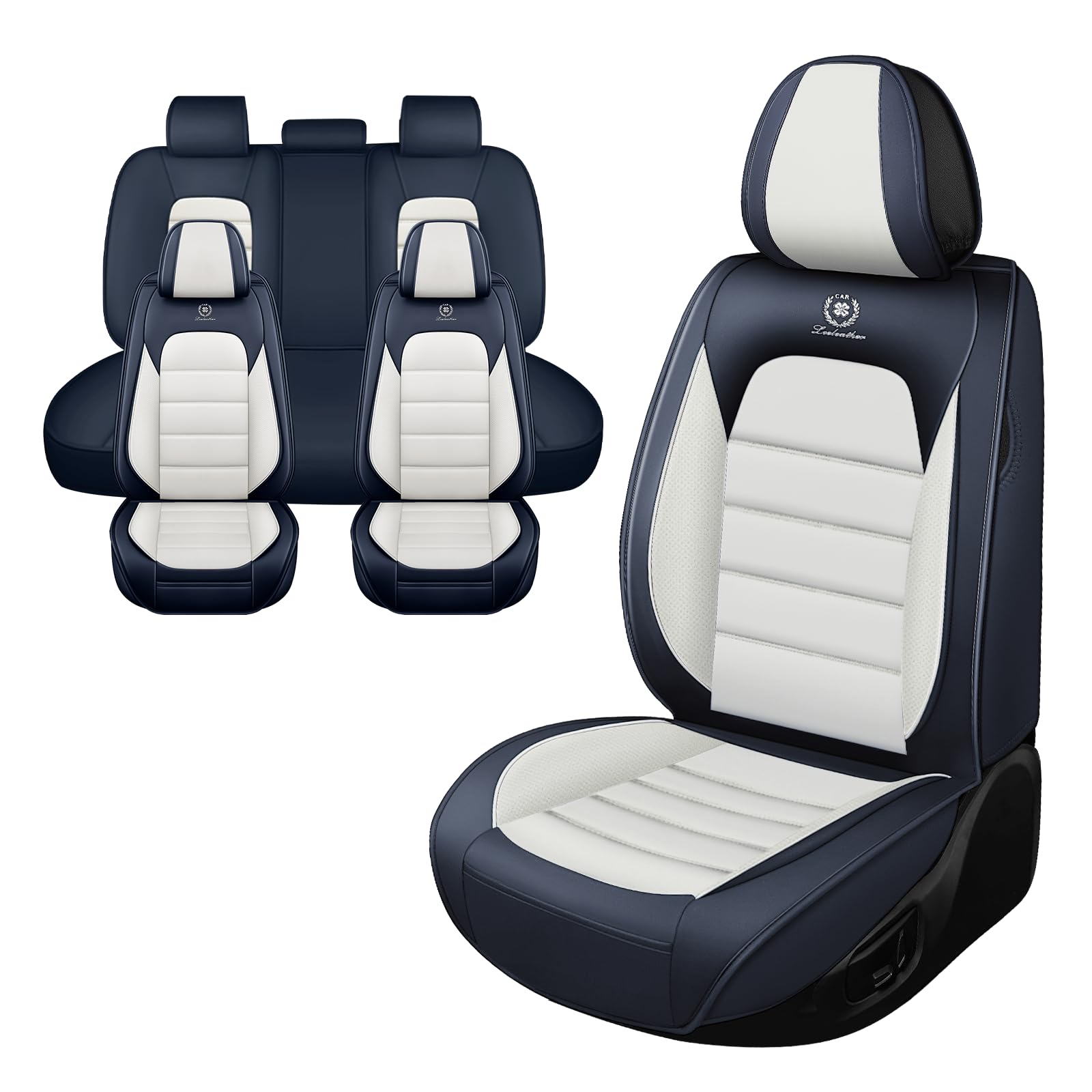 Iceleather Car Seat Covers for Hyundai Veloster 2012-2021,Waterproof Soft Breathable PU Leather Seat Cover with Storage Pockets(Blue&White,Full Set)