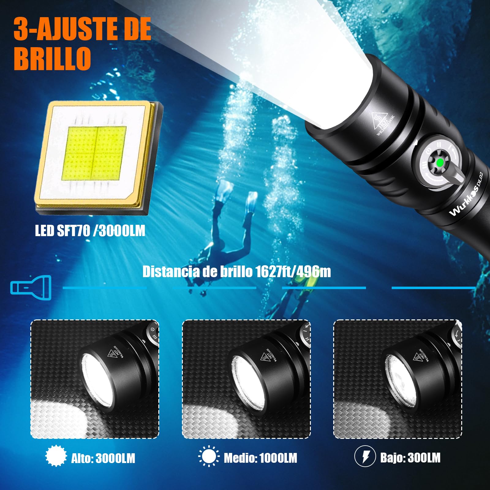 Wurkkos DL02 Linterna de Buceo Led, Antorcha de Buceo de 3000 Lúmenes con Indicador de Potencia, IPX8 Impermeable Profesional Recargable Luz de Buceo para Cueva 100m Submarina