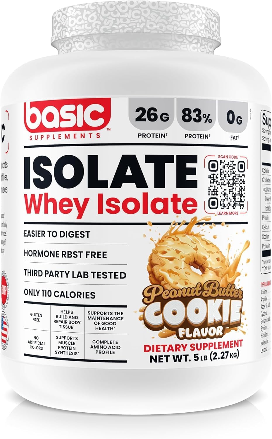Basic Whey Protein Isolate, 26g Protein, 0g Fat, Gluten-Free, RBST-Free, Rapid Absorption, 110 Calories (5 Pound, Peanut Butter Cookie)