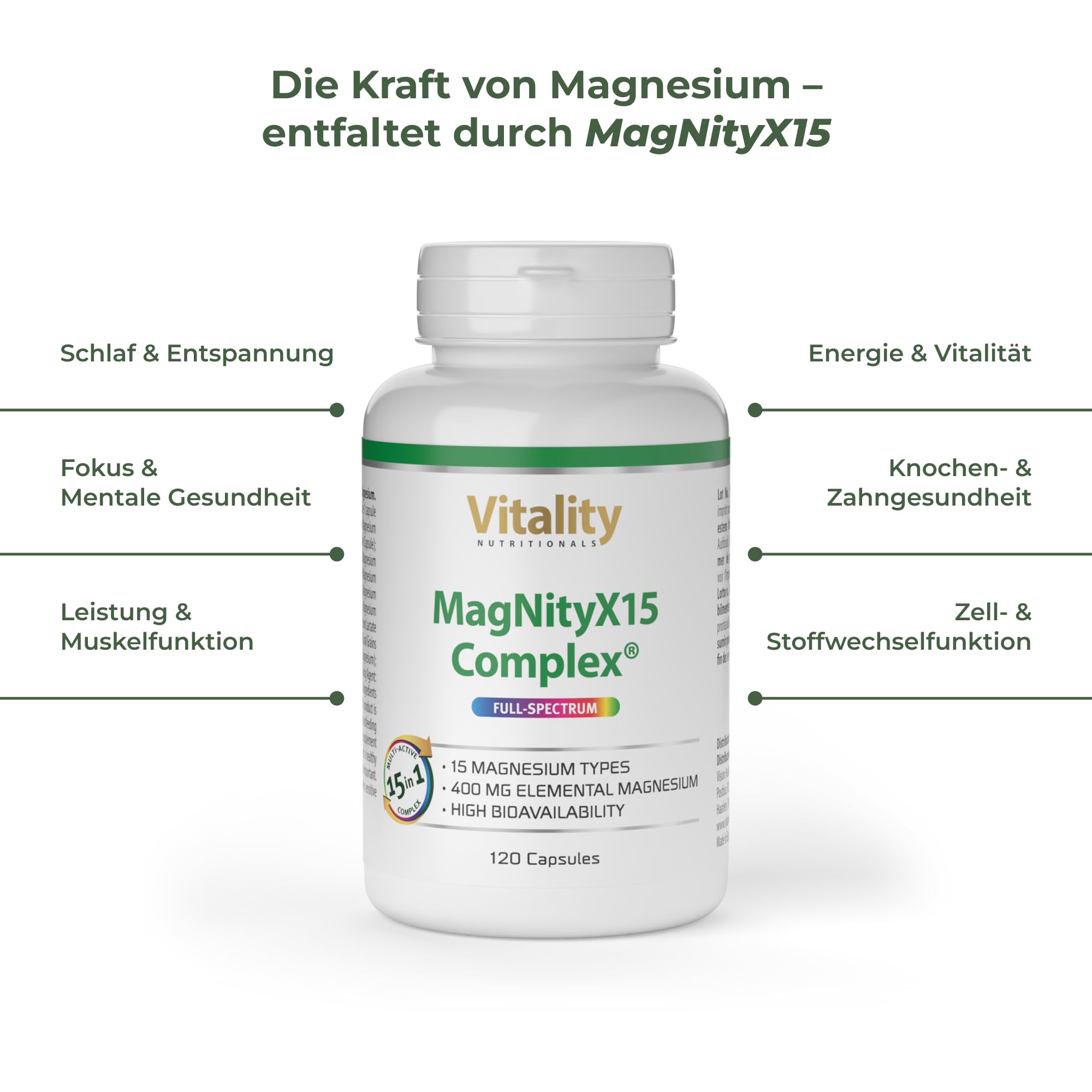 Magnesium Komplex MagNityX15 15 Magnesiumverbindungen inkl. Magnesium Bisglycinat Citrat & Malat 400 mg pro Tagesdosis 120 Kapseln Muskeln Knochen Nerven Vitality Nutritionals by Vitamin Express