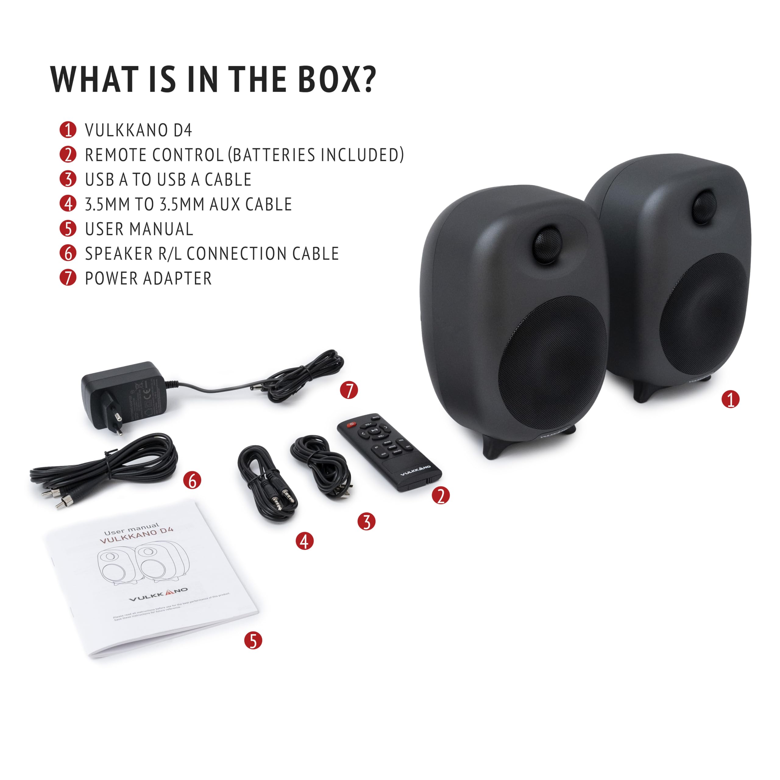 VULKKANO D4 Altavoces PC autoamplificados con Woofer de 4", Potencia de 80W, Bluetooth, USB A, RCA, Aux, Óptica, Sub out, Control Remoto, Altavoces Ordenador con Diseño Elegante