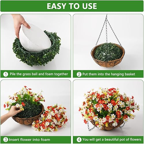 Miniatura 6 de INQCMY Flores colgantes artificiales en cesta para decoración de patio, césped, jardín, forro de coco de 12 pulgadas con flores artificiales de