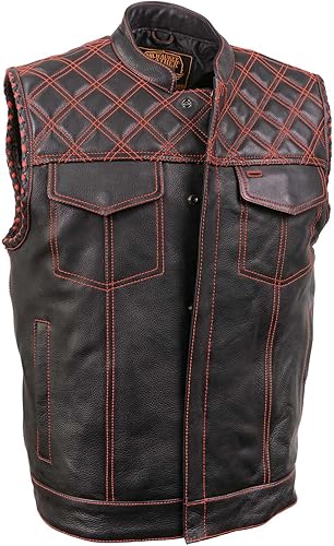 Milwaukee Leather MLM3526 Men's Black Old Glory Accented Red Stitching Leather Vest WArmhole Trim Open Collar Design - Small