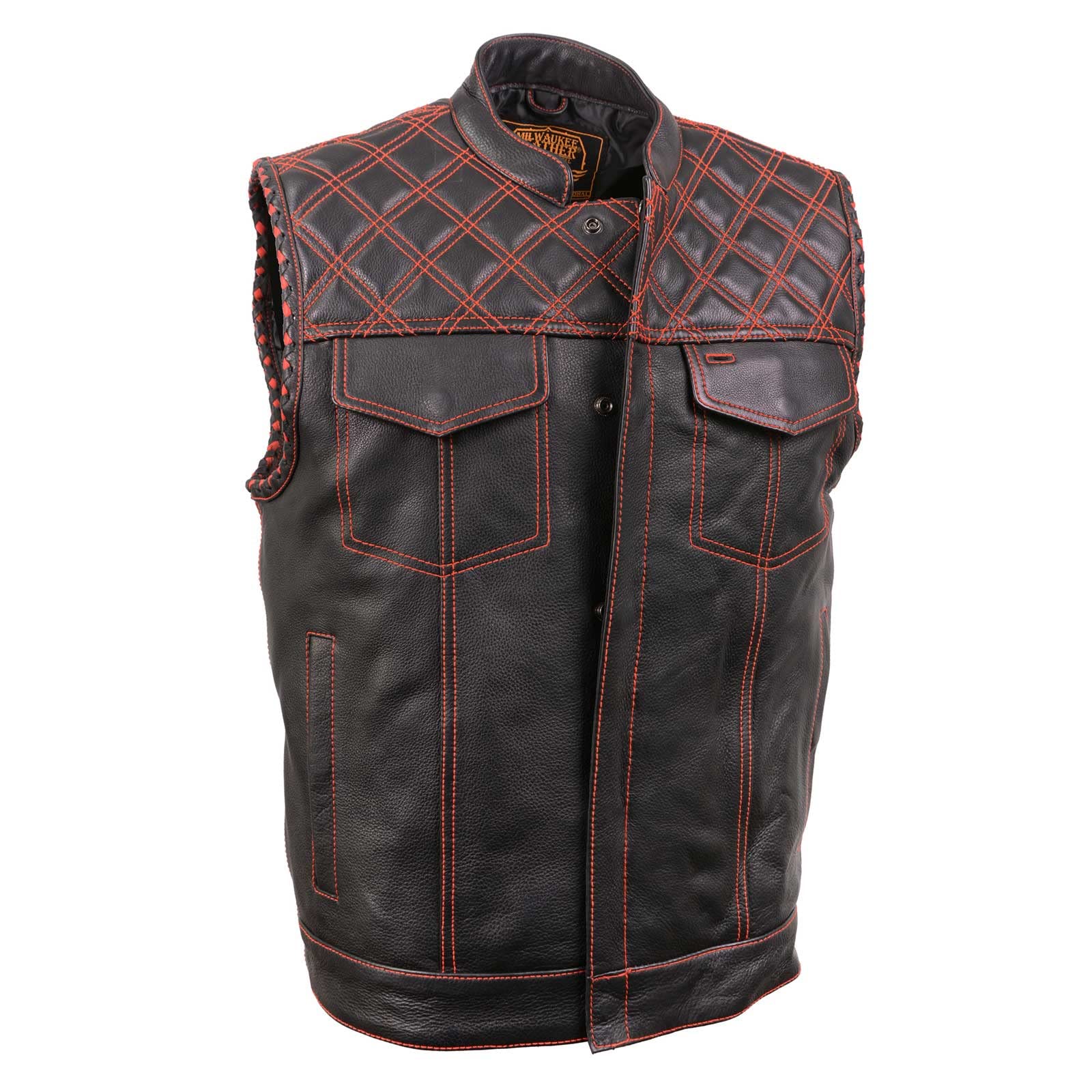 Milwaukee Leather MLM3526 Men's Black 'Paisley' Accented Red Stitching Leather Vest – w/Armhole Trim Open Collar Design - X-Large