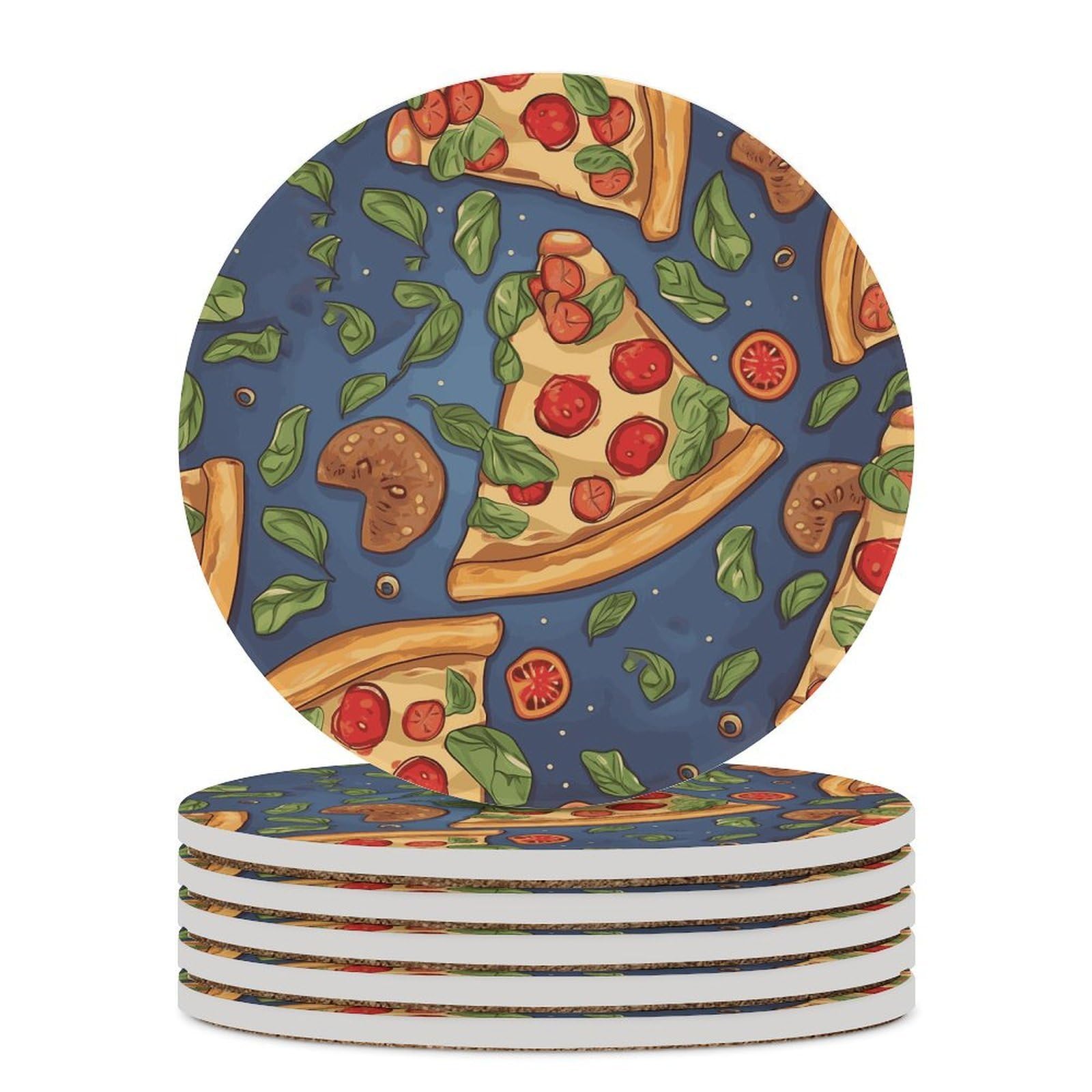 Pizza Coaster with Cork Base Drink Coasters for Coffee Table Decor Modern Cup Coasters with Non-Slip & Heat-Resistant Cute Ceramic Table Coaster for Home Dining