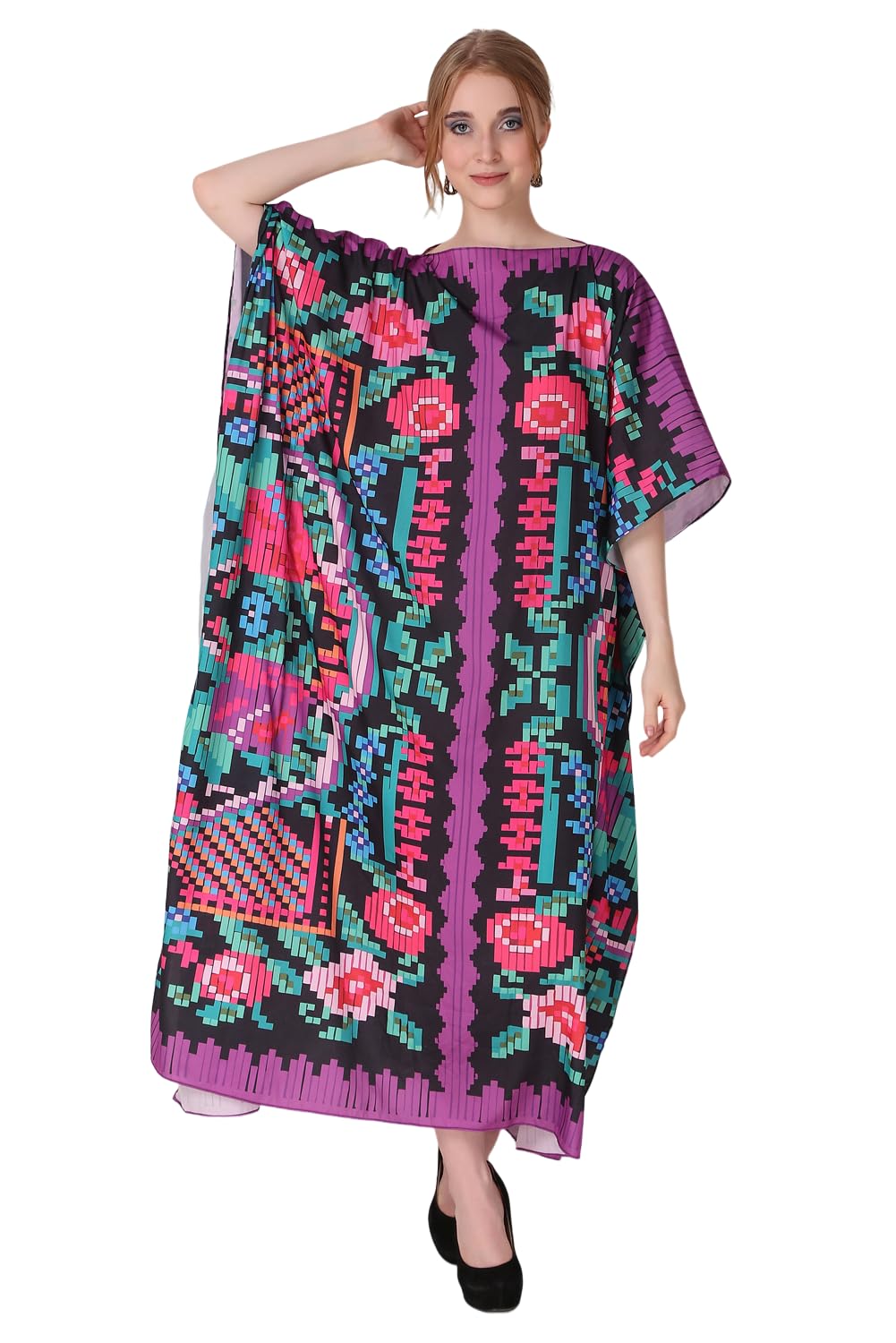 Abstract Surreal Printed Crepe Maxi Length Kaftan Dress for Women Multicolor Freesize-image-42