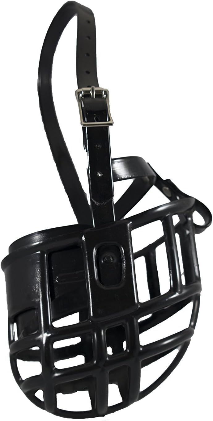 Plastic Dog Muzzle with Adjustable Plastic Coated Nylon Headstall - Made in The USA - (Medium, Black)