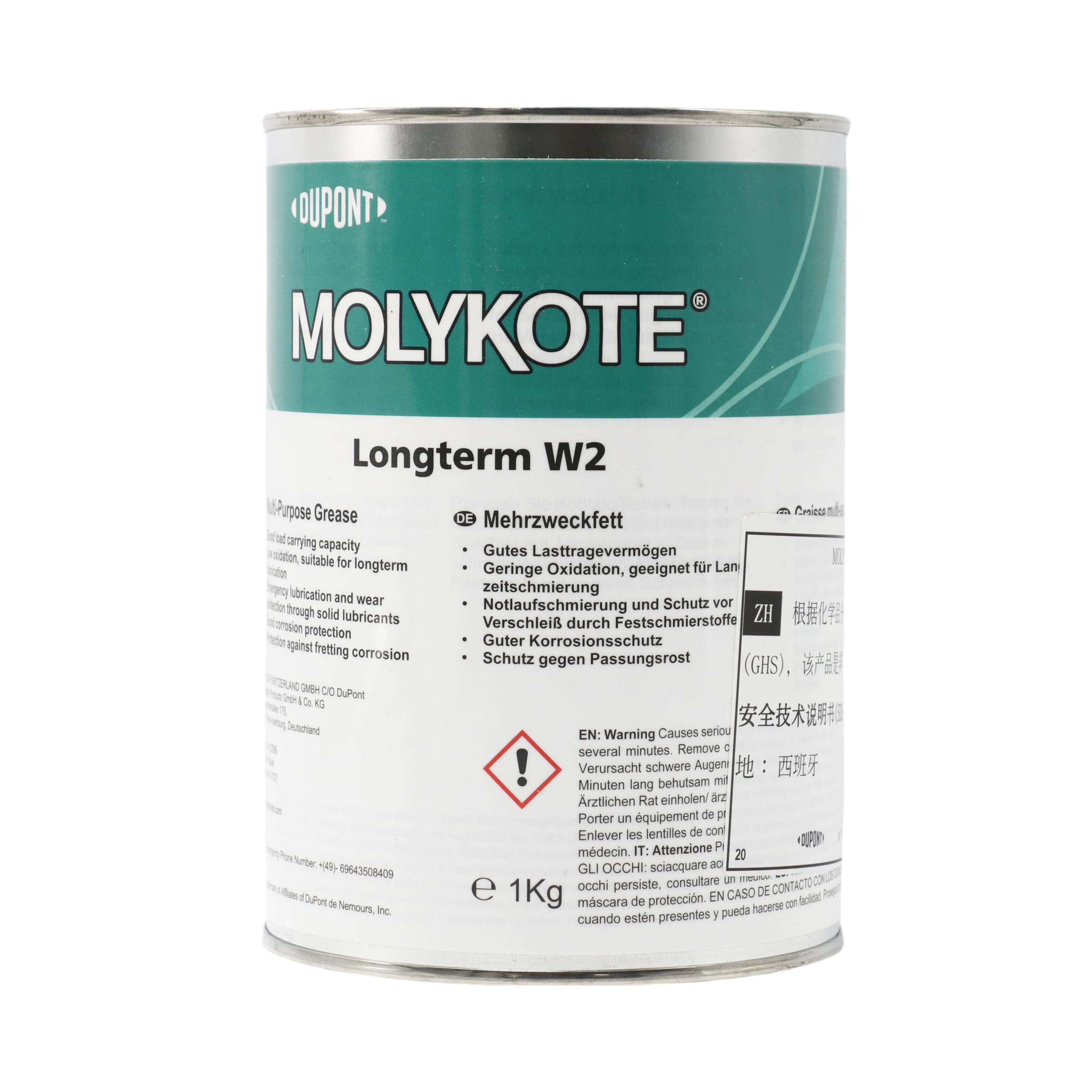 Molykote Longterm W2 High Performance Grease 1 kg di grasso lubrificante bianco, multiuso per combinazioni metalliche, cuscinetti macchine, movimento lento e veloce, carico medio, classe NLGI