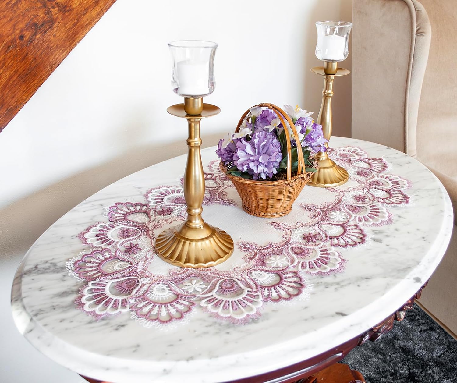 White Mauve Rose Jacquard Peacock Tail Lace Table Runner, Dresser Scarf, Coffee Table Runner, Pink Light Purple (16Wx35L)