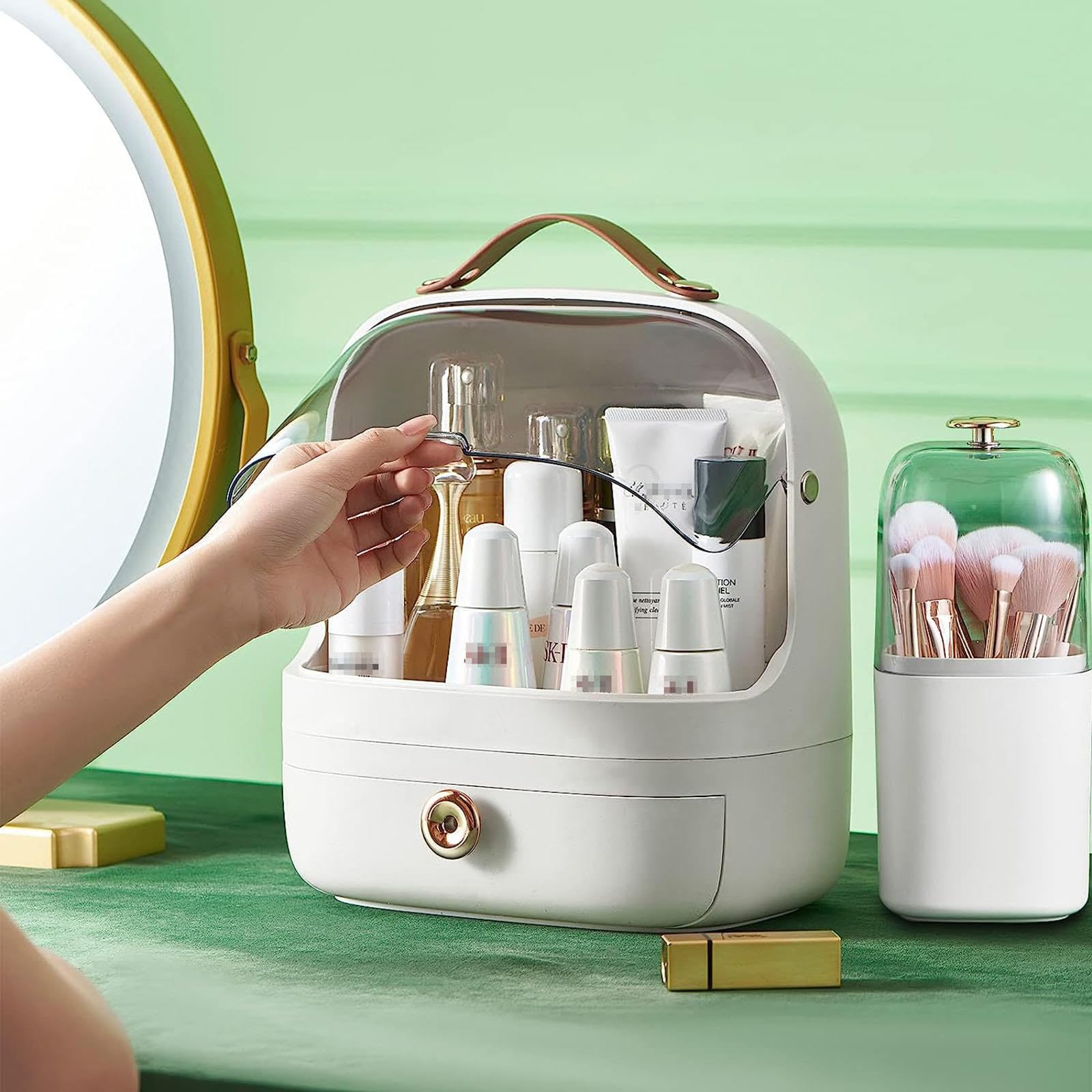 VIDECOR Organisateur Maquillage avec Porte pinceaux,Présentoir Cosmétiques avec Couvercle Transparent Rangement, Organisateur Soins Peau Anti poussière,Idéal Salle Bain Comptoir Vanité,White