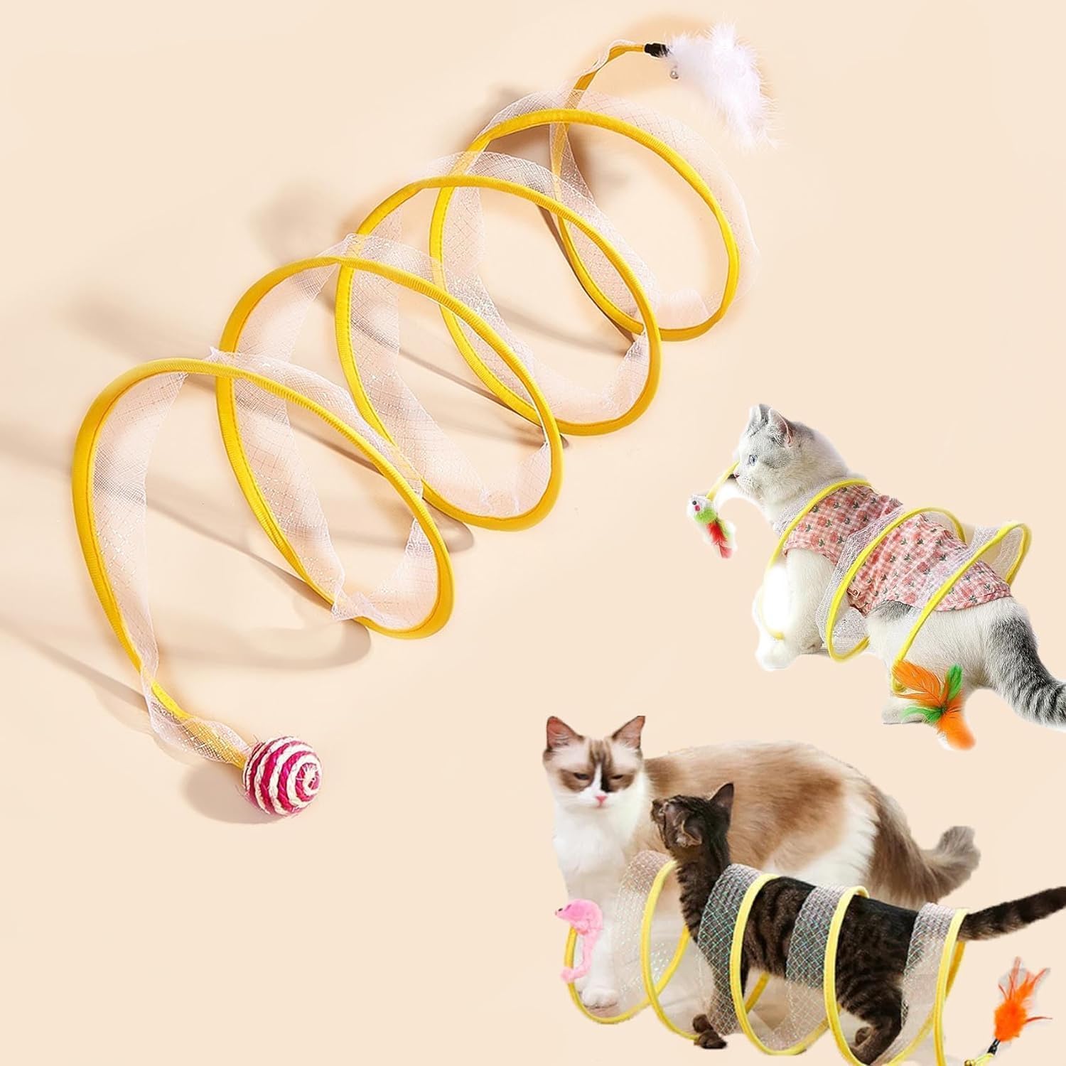 Self-Play Cat Hunting Spiral Tunnel Toy, Spiral Cat Tunnel Toy, S-Type Cat Tunnel Toy, Folded Cat Tunnel, Cat Tunnels for Indoor Cats with Toys Feather Mouse (A)