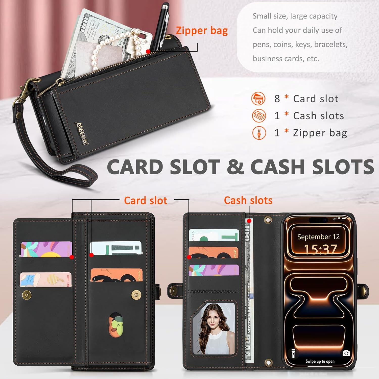 for iPhone 17 Pro Max Wallet Case, Detachable Magnetic Phone Case,Faux Leather Strap Wallet,with RFID Blocking,Zipper Card Holder,Shoulder Straps (Black)