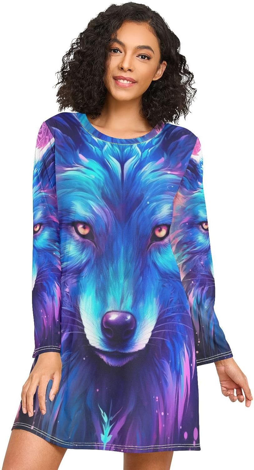 Long Sleeve Womens Sleep Shirts, Cozy Crewneck Sleep Dress, Casual Womens Nightgown, Blue Purple Wolf