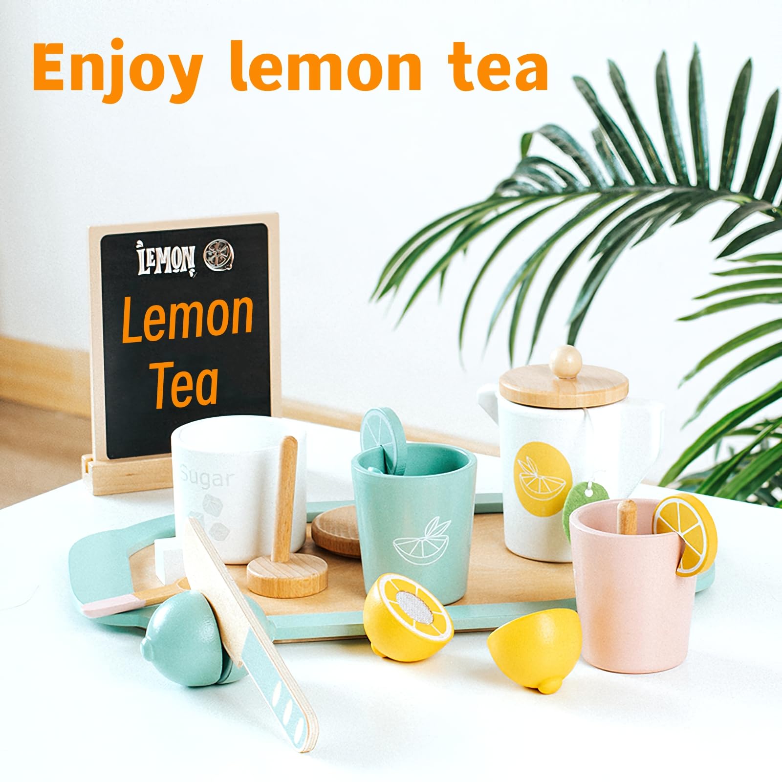 Wooden Tea Party & Makeup Play Set For Toddlers - 48 Piece Montessori Pretend Play Toy