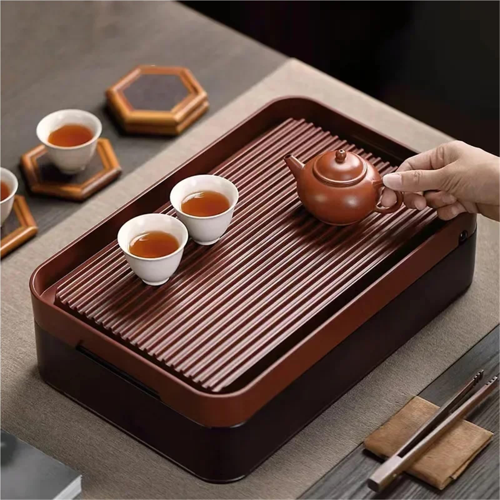 Bandeja China para té Kungfu, Bandeja de té de bambú Gongfu con Varios tamaños de cajón de Drenaje y Almacenamiento