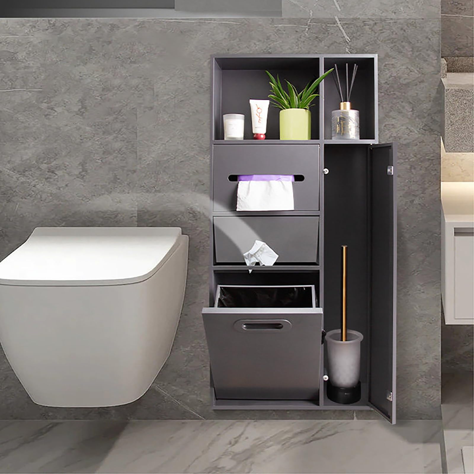 Portarrollos de Papel Higiénico Empotrable con Secador de Manos Automático y Cubo de Basura, Hornacina de Baño en Acero Inoxidable 304 para Reforma de Viviendas(Nero)